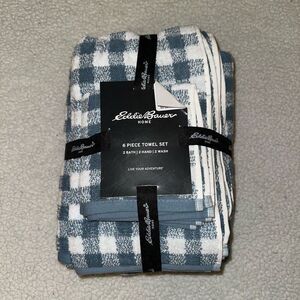 Eddie Bauer Bath Towel Set Preston Check Denim Blue White Plaid NWT